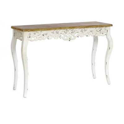 Victorian Off-White and Natural Wood Console Table with Storage