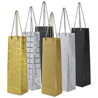 6-Pack Wine Gift Bag, Glitter Shimmer Foil Wine PP Bags for Gifting Bottle of Wine, Sturdy Carrier with Handle Great for Parties, Gold/ Silver/ Black