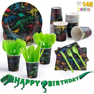 145 Pcs Dinosaur Birthday Party Supplies with Trex Banner, 24 Serves Disposable Tableware Set for Dinosaur Themes Party Kids 2 3 4 5 6 7 8 Years - 1 of 4