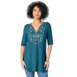 Roaman's Women's Plus Size Embroidered Swing Tunic - 1 of 2