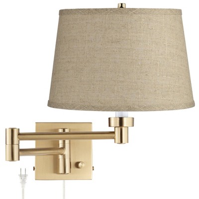 Barnes and Ivy Swing Arm Wall Lamp Warm Antique Brass Plug-In Light Fixture Fine Burlap Drum Shade for Bedroom Living Room Reading