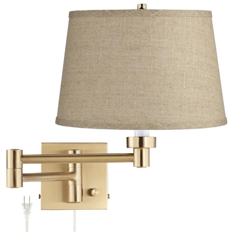 Barnes and Ivy Alta Vintage Swing Arm Wall Lamp Warm Antique Brass Plug-in Light Fixture Burlap Fabric Drum Shade for Bedroom Bedside Living Room Home, 1 of 7