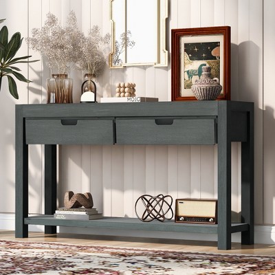 55.1"W Console Table with 2 Drawers and 1 Shelf, Entryway Table with Acacia Veneer 4B - ModernLuxe