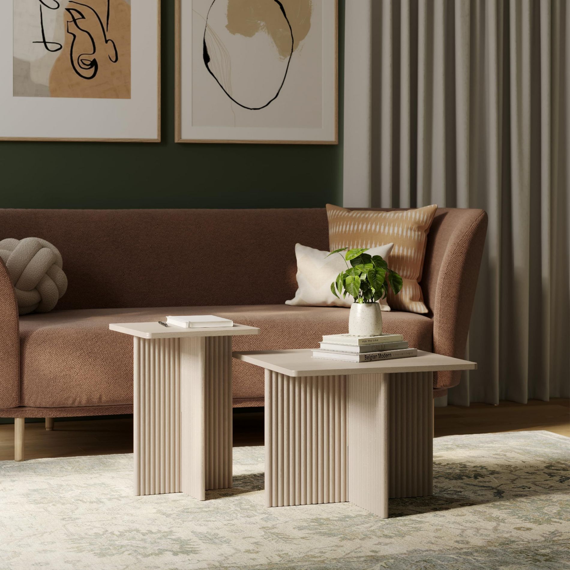 Stead Square Fluted Nesting Coffee Table - Low Profile 2 Piece Set - Solid Wood Base and Grain Veneer Top (Weathered White)