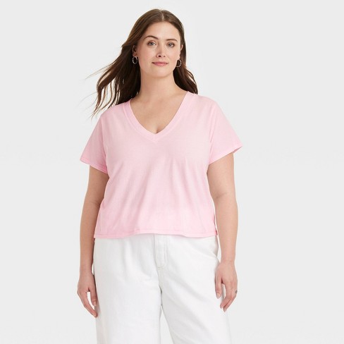 Women's Shrunken Short Sleeve V-neck T-shirt - Universal Thread™ Pink 2x :  Target