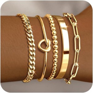 5 Piece Gold Bracelet Stack Set for Women with Bangle Cuff Paperclip and Chain Bracelets, Non Tarnish - 1 of 4