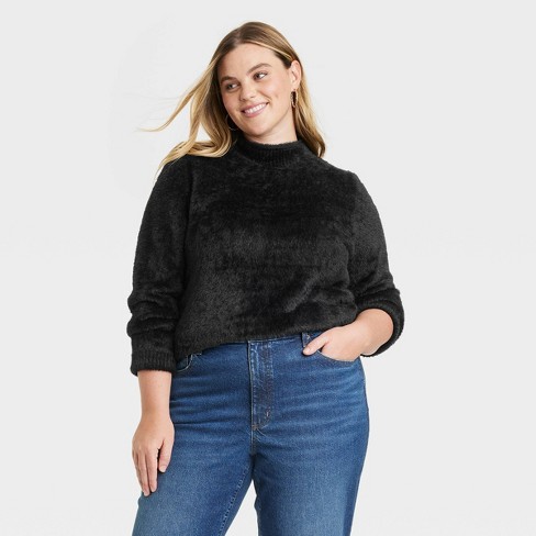Women's Fuzzy Mock Turtleneck Pullover Sweater - Universal Thread™ Black XXL