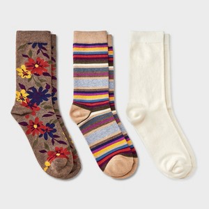 Women's Floral & Striped 3pk Crew Socks - A New Day™ Dark Brown Heather/Ivory 4-10 - 1 of 3