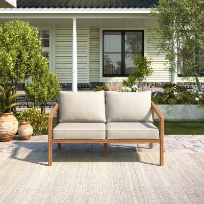 Outdoor Acacia Wood Side Loveseat,Fabric Upholstered Armrests Sofa With Solid Wood Frame,Slatted Backrest Patio Sofa Chair-Coolbibila