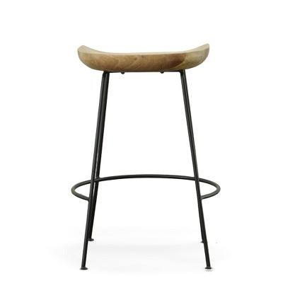 Natural Mango Wood and Black Metal Saddle Counter Stools, 24.5" Set of 2