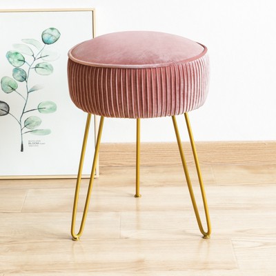 Arceso Pleated Vanity Stool, Velvet Ottoman with Metal Legs, Round Footrest for Bedroom & Makeup Room