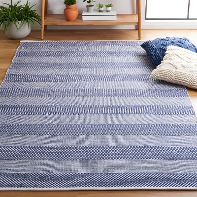 Ivory and Blue Striped 4' x 6' Wool Cotton Area Rug