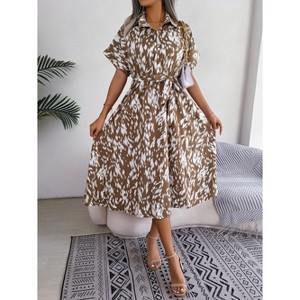 Women's Summer Polka Dot Print Shirt Dress Vintage Short Sleeve Button Down Midi Dress - 1 of 4