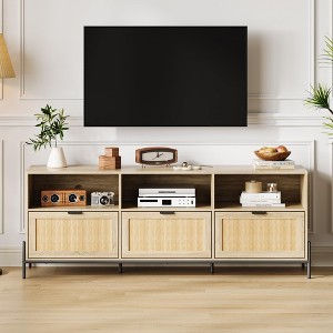 Rattan TV Stand for TVs Up to 75 Inch, 65 Inch Entertainment Center With 3 Drawers & Open Shelves, Media Console Table With Metal Legs - 1 of 4