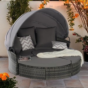 5 Pieces Outdoor Patio Rattan Round Daybed Sunbed with Retractable Canopy and Removable Cushions - 1 of 4