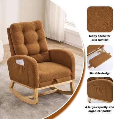 Vynxaria Caramel Accent Rocking Chair with Footrest High Back Rubber Wood Rocking