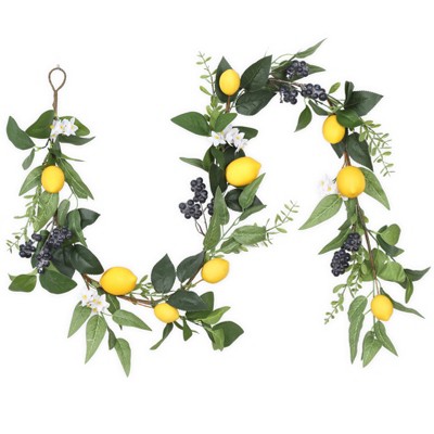 6 FT Artificial Lemon Garland – Summer & Spring Fake Fruit Garland with Lemons, Blueberries, Greenery & White Flowers, Faux Vine for Door
