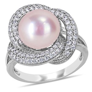 EVERLY JEWELRY | Sterling Silver 9.5 -10 MM Pink Cultured Freshwater Pearl and 3/4 CT TGW Cubic Zirconia Interlaced Halo Ring - 1 of 4