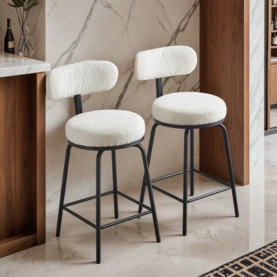 Modern Swivel Bar Stools Set of 2, Boucle Upholstered Counter Height Bar Chairs with Metal Legs & Footrest - Leovsnove