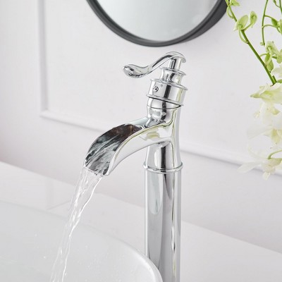 Polished Chrome Tall Waterfall Vessel Sink Faucet with Lever Handle