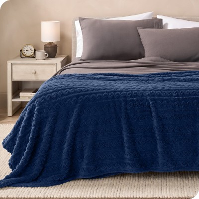 Dark Blue Full/Queen Faux Shearling Cable Knit Sherpa Blanket