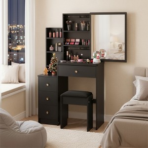 FONTOI 29.2"W/37"W/41"W Makeup Vanity Table Desk with Mirror Left Bedside Cabinet Stool Dresser Set for Woman Bedroom Dressing Room, Black/White - 1 of 4