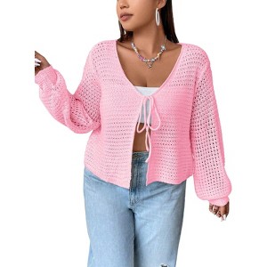 Coolmee Women's Plus Size Cardigan Top Hollow Out Open Knit Sweater Ladies Tie Front Shrug - 1 of 3