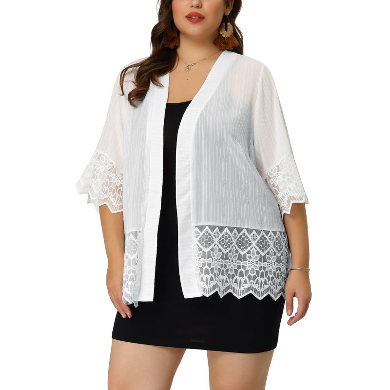 Agnes Orinda Women's Plus Size Cover-Up Lace Panel Texture Printed Boho Cardigans, 2 of 7