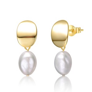 Guili Sterling Silver 14K Yellow Gold Plated Earrings with Oval White Freshwater Pearl, Featuring a Stunning Drop Medallion Dangle Design - 1 of 2