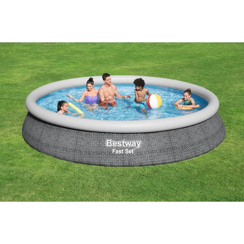 Bestway Fast Set 15' x 33" Round Inflatable Outdoor Above Ground Swimming Pool Set with 530 Gallon Filter Pump and Repair Patch, Gray Rattan, 6 of 9