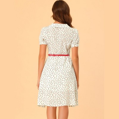 Женские платья INSPIRE CHIC Women's Peter Pan Collar Tie Neck Short Sleeve A-Line Elegant Belted Floral Dress Medium White — фото 4