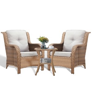 POCASSY 3 Piece Patio Furniture Set, All Weather Wicker Accent Lounge Club Patio Chairs with Side Table for Porch Balcony - 1 of 4
