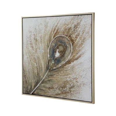 40" x 40" Blue and Gold Abstract Peacock Feather Canvas Painting