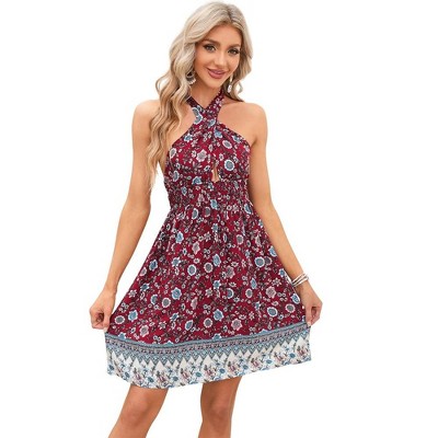 Women's Halter Neck Criss Cross Cut Out Elastic Waist Ruffle Hem Floral Print Backless Mini Dress Red L