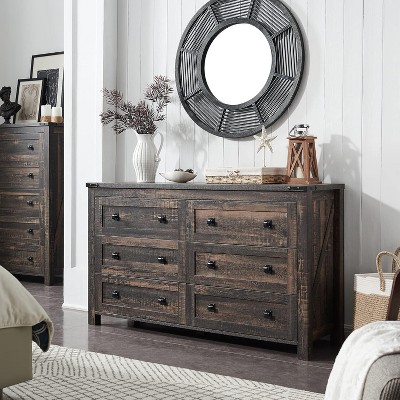 Farmhouse 6 Drawers Dresser, 54" Wide Wood Rustic Wide Chest of Drawers, Storage Dressers Organizer for Bedroom, Living Room, Hallway