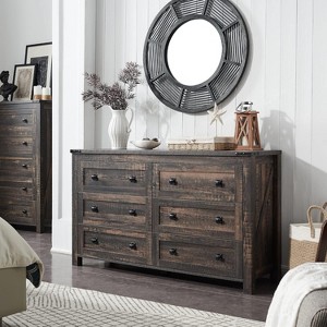 Farmhouse 6 Drawers Dresser, 54" Wide Wood Rustic Wide Chest of Drawers, Storage Dressers Organizer for Bedroom, Living Room, Hallway - 1 of 4