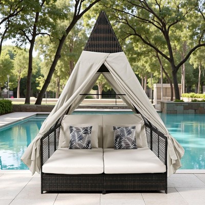 Outdoor Patio Rattan Daybed Sunbed with Triangle Tent, Adjustable Backrest, and Curtains