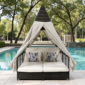 Outdoor Patio Rattan Daybed Sunbed with Triangle Tent, Adjustable Backrest, and Curtains - 1 of 4