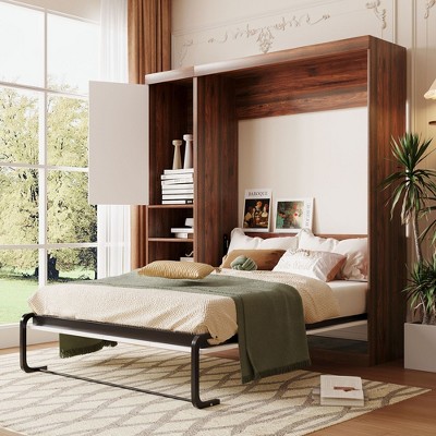 NicBex Full Size Murphy Bed 75.2" Morden Wall Bed Frame with Shelves, 2 Spacious Drawers and 1 Cabinet for Living Room, Brown