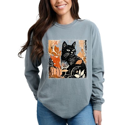 Simply Sage Market Black Cat Fall Leaves Distressed Garment Dyed Long Sleeve