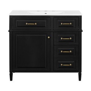 Gulches 36 in 18 in Undermount Rectangular Bathroom Sink in Black Solid Rubberwood MDF Ceramic with 4 Drawers Adjustable Shelf Metal Handles - 1 of 4
