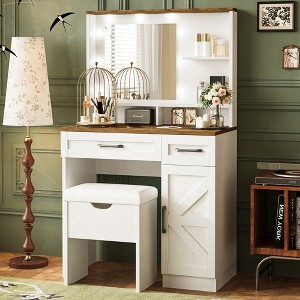 APRILSOUL Farmhouse Makeup Vanity Desk with Mirror and Lights, 3 Lighting Modes, Vanity Set with Stool, Adjustable Shelves, White - 1 of 4