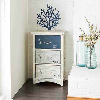 White and Blue Wood Nautical Night Table with Rope Handles