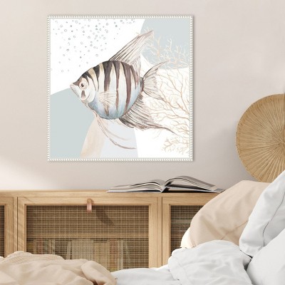 Ocean Oasis Bubbles Striped Fish Canvas Wall Art with White Frame