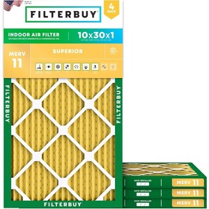 Filterbuy 10x30x1 Air Filter (4-Pack), Pleated MERV 11 Allergen Defense Replacement HVAC AC Furnace Filters (Actual Size: 9.50 x 29.50 x 0.75) - 1 of 4