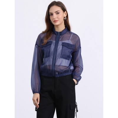 Женские куртки INSPIRE CHIC Women's Zip-Up Long Sleeve See-Through Bomber Jacket Large Black — фото 4