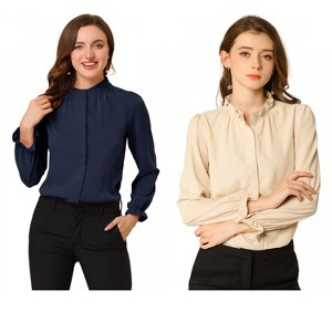 INSPIRE CHIC Women's Button Down Ruffle Collar Long Sleeve Chiffon Shirt 2 Packs - 1 of 4