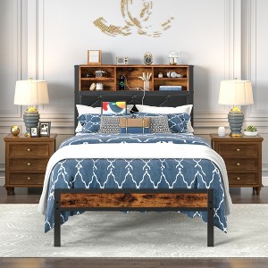 VECELO Twin/Full/Queen Size Metal Platform Bed, Bed Frame with Headboard & Footboard, Led Lights and USB Charging Station, Brown - 1 of 4