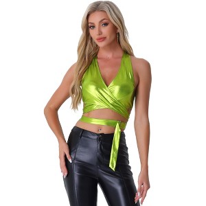 INSPIRE CHIC Women's Metallic Halter Deep V Neck Backless Holographic Crop Tops - 1 of 4