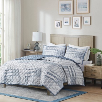 Blue King Microfiber Reversible Patchwork Quilt Set